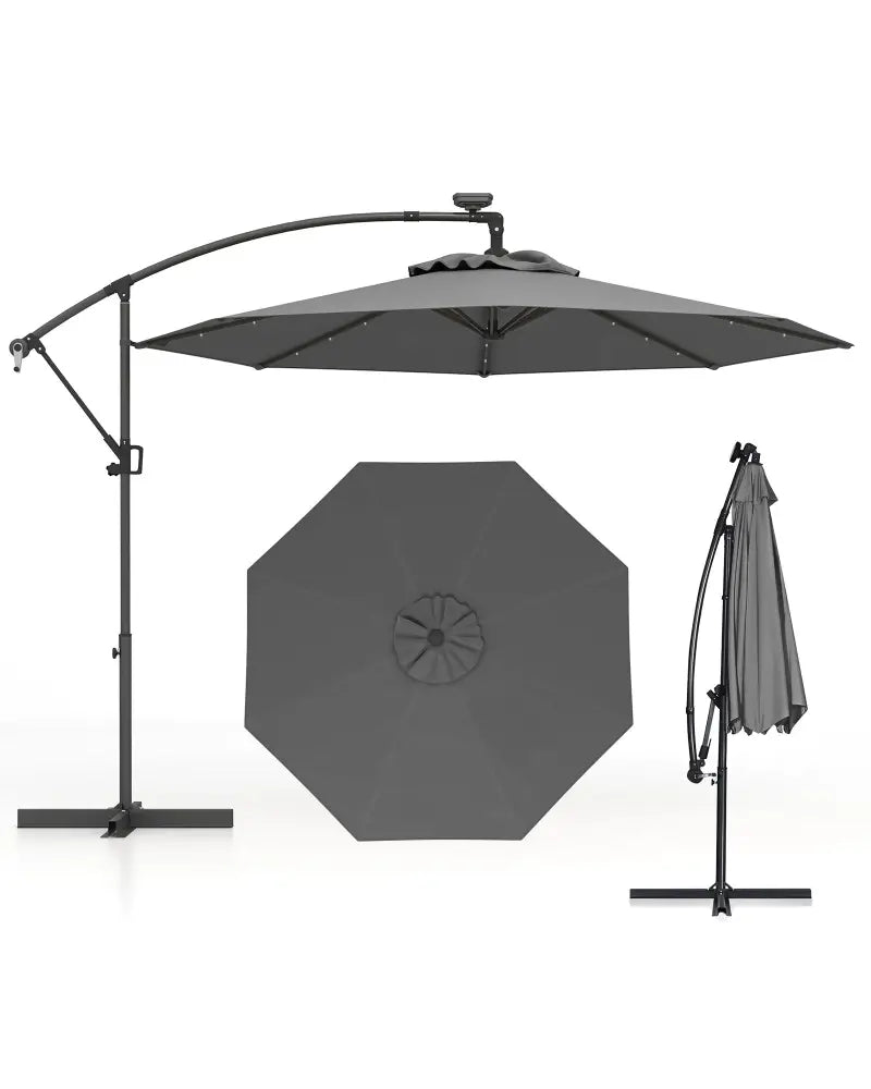 10 Feet 360° Rotation Solar Powered LED Patio Offset Umbrella without Weight Base-Gray - Gray - Outdoor Umbrellas