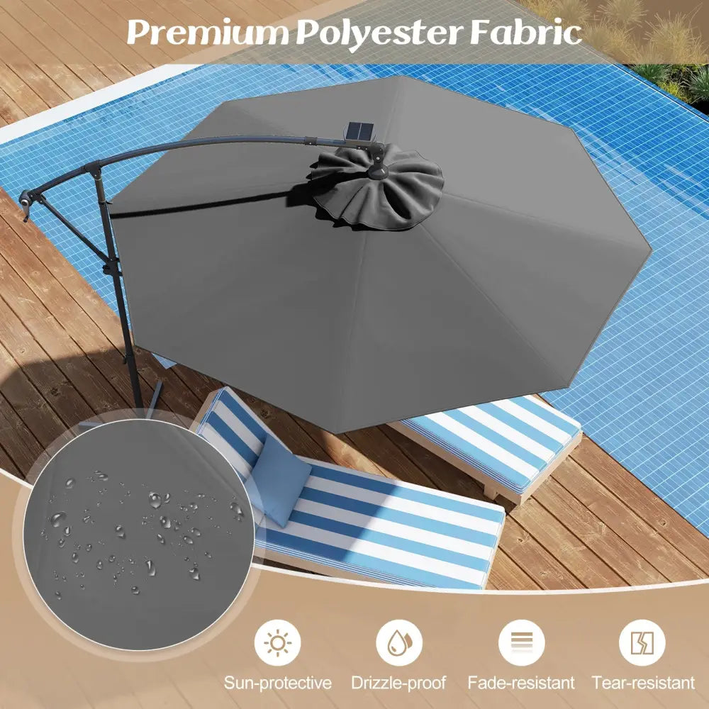 10 Feet 360° Rotation Solar Powered LED Patio Offset Umbrella without Weight Base-Gray - Gray - Outdoor Umbrellas