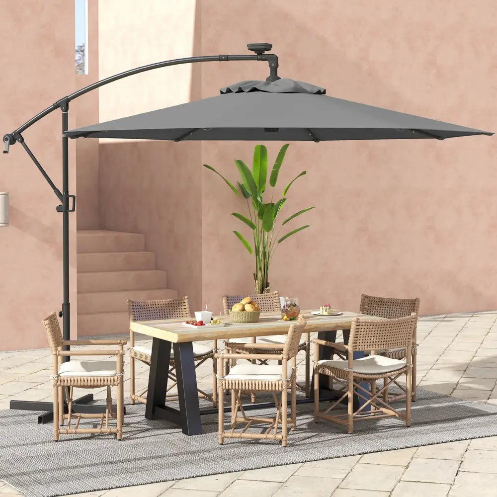 10 Feet 360° Rotation Solar Powered LED Patio Offset Umbrella without Weight Base-Gray - Gray - Outdoor Umbrellas