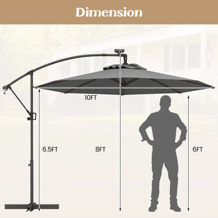 10 Feet 360° Rotation Solar Powered LED Patio Offset Umbrella without Weight Base-Gray - Gray - Outdoor Umbrellas