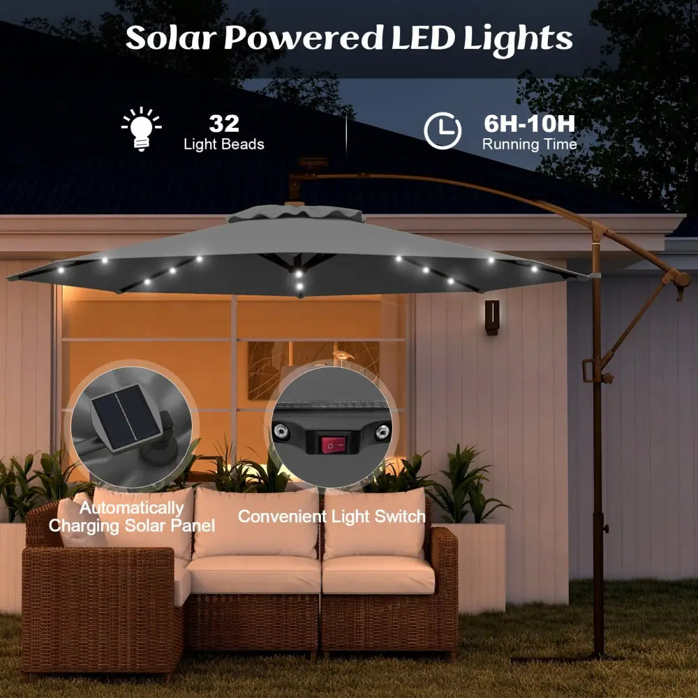 10 Feet 360° Rotation Solar Powered LED Patio Offset Umbrella without Weight Base-Gray - Gray - Outdoor Umbrellas