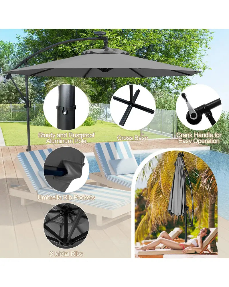 10 Feet 360° Rotation Solar Powered LED Patio Offset Umbrella without Weight Base-Gray - Gray - Outdoor Umbrellas