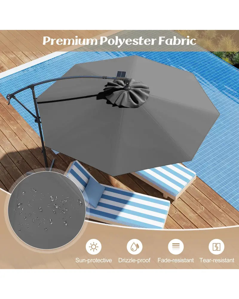 10 Feet 360° Rotation Solar Powered LED Patio Offset Umbrella without Weight Base-Gray - Gray - Outdoor Umbrellas