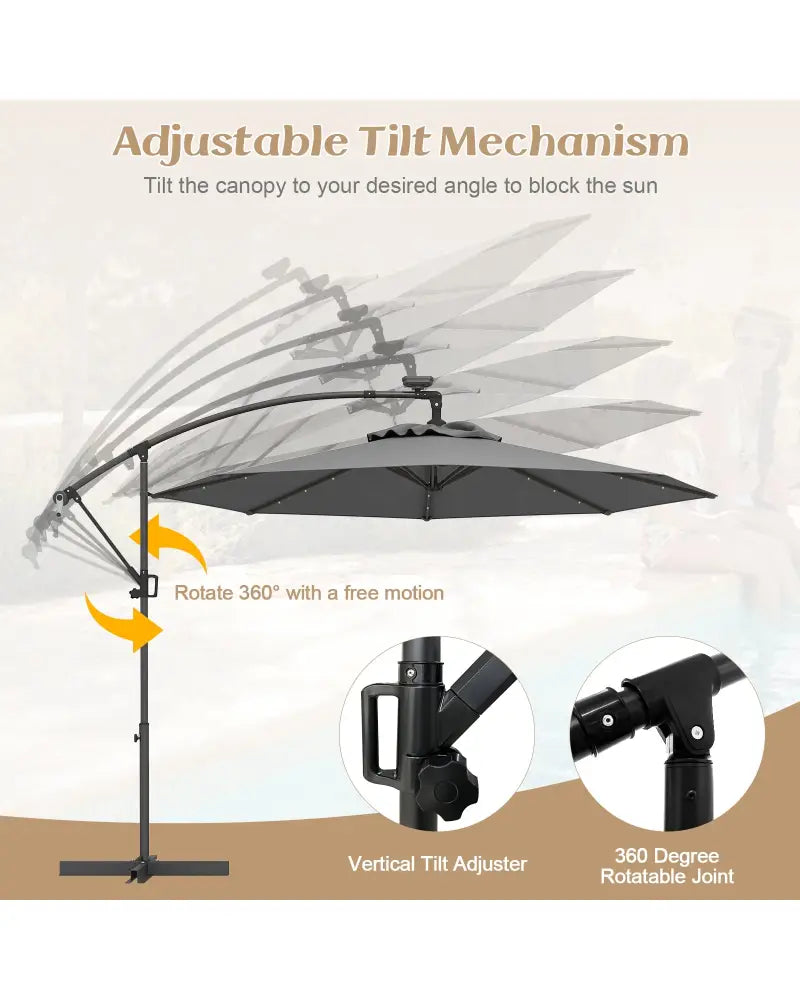 10 Feet 360° Rotation Solar Powered LED Patio Offset Umbrella without Weight Base-Gray - Gray - Outdoor Umbrellas