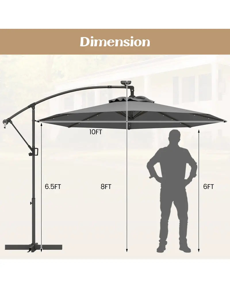 10 Feet 360° Rotation Solar Powered LED Patio Offset Umbrella without Weight Base-Gray - Gray - Outdoor Umbrellas