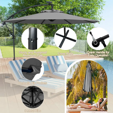 10 Feet 360° Rotation Solar Powered LED Patio Offset Umbrella without Weight Base-Gray - Gray - Outdoor Umbrellas