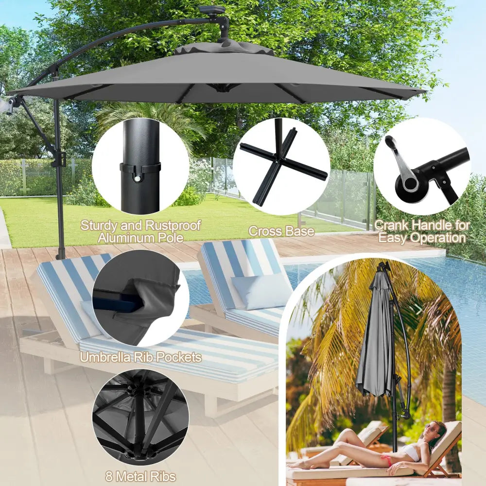 10 Feet 360° Rotation Solar Powered LED Patio Offset Umbrella without Weight Base-Gray - Gray - Outdoor Umbrellas