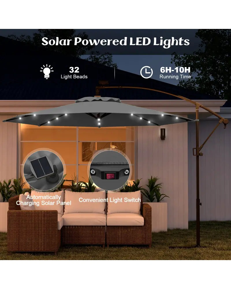 10 Feet 360° Rotation Solar Powered LED Patio Offset Umbrella without Weight Base-Gray - Gray - Outdoor Umbrellas