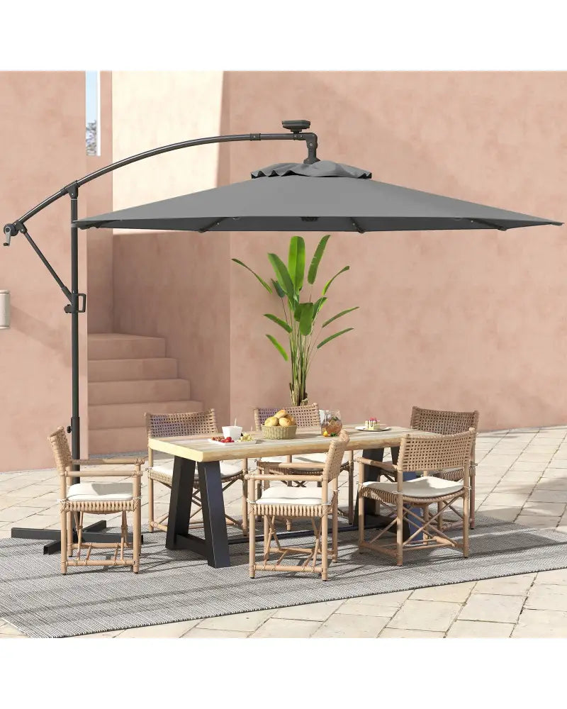 10 Feet 360° Rotation Solar Powered LED Patio Offset Umbrella without Weight Base-Gray - Gray - Outdoor Umbrellas