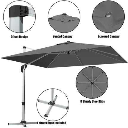 10 Feet 360° Tilt Aluminum Square Patio Umbrella without Weight Base-Gray - Gray - Outdoor Umbrellas