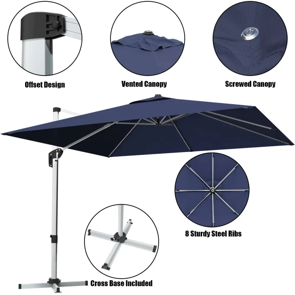 10 Feet 360° Tilt Aluminum Square Patio Umbrella without Weight Base-Navy - Navy - Outdoor Umbrellas