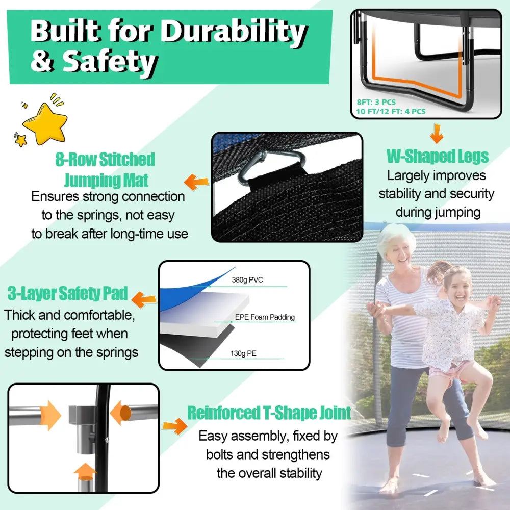 10 Feet ASTM Approved Recreational Trampoline with Ladder-Black - Black - Outdoor Play