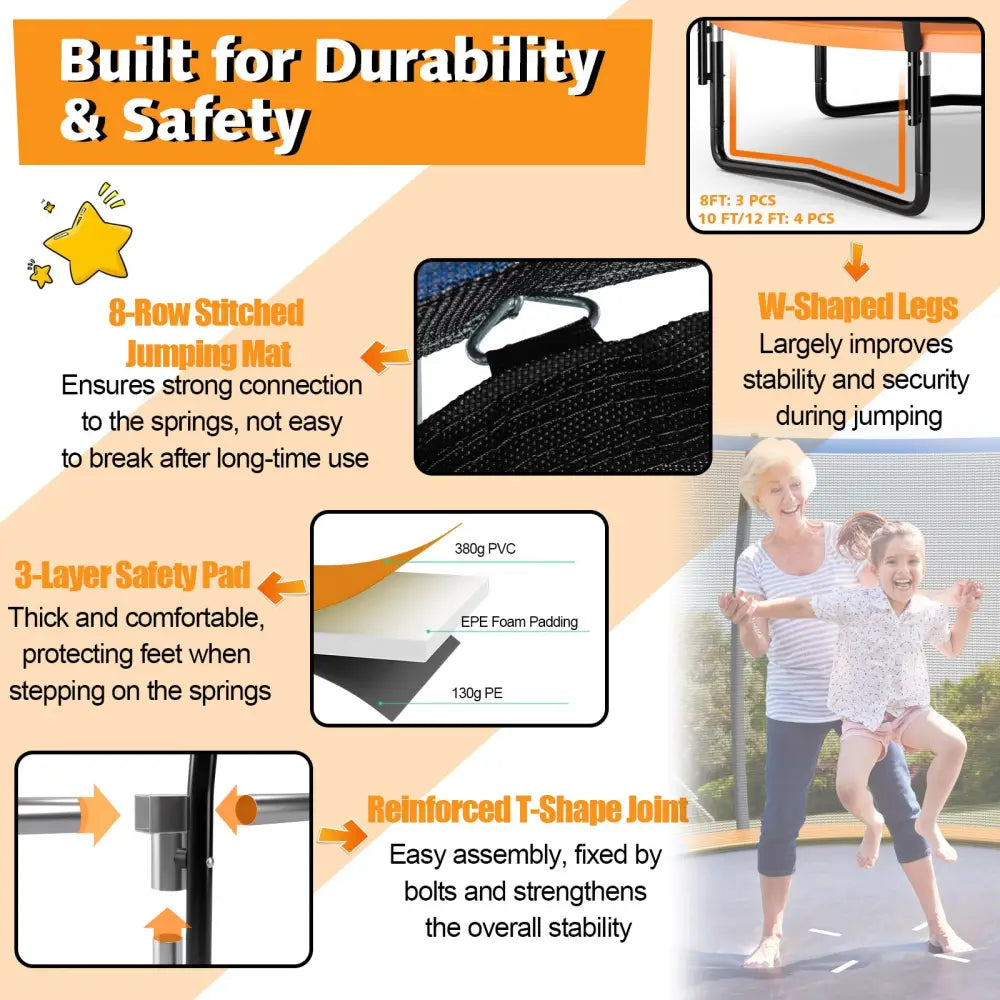 10 Feet ASTM Approved Recreational Trampoline with Ladder-Orange - Orange - Outdoor Play