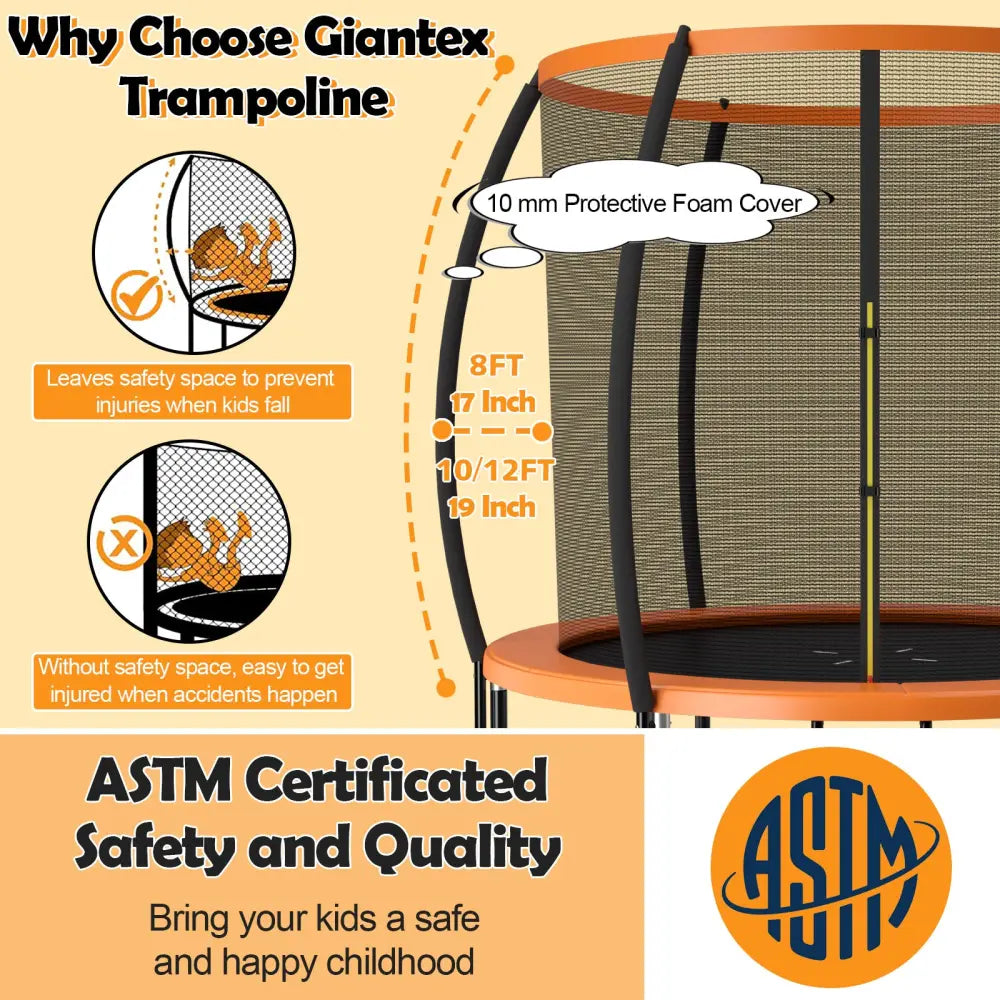 10 Feet ASTM Approved Recreational Trampoline with Ladder-Orange - Orange - Outdoor Play
