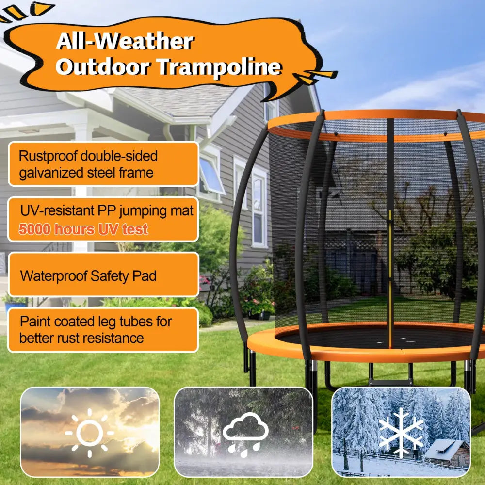 10 Feet ASTM Approved Recreational Trampoline with Ladder-Orange - Orange - Outdoor Play