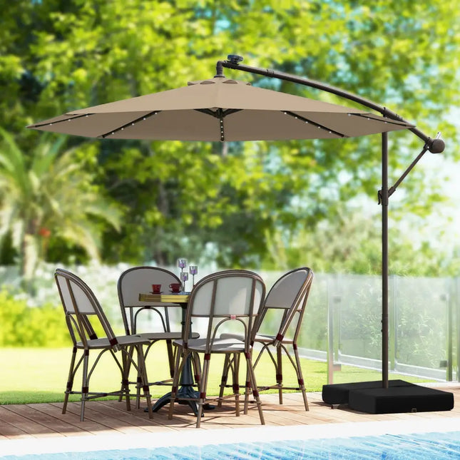 10 Feet Cantilever Umbrella with 32 LED Lights and Solar Panel Batteries-Tan - Tan - Outdoor Umbrellas