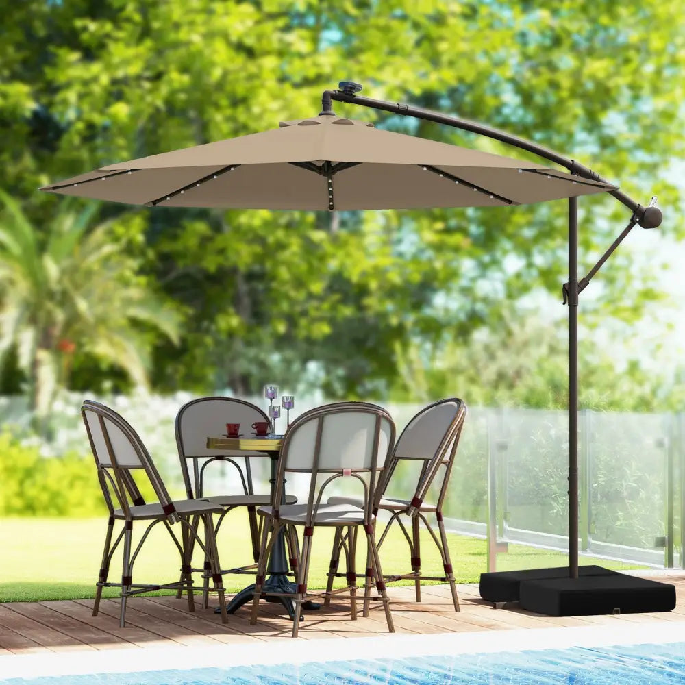 10 Feet Cantilever Umbrella with 32 LED Lights and Solar Panel Batteries-Tan - Tan - Outdoor Umbrellas