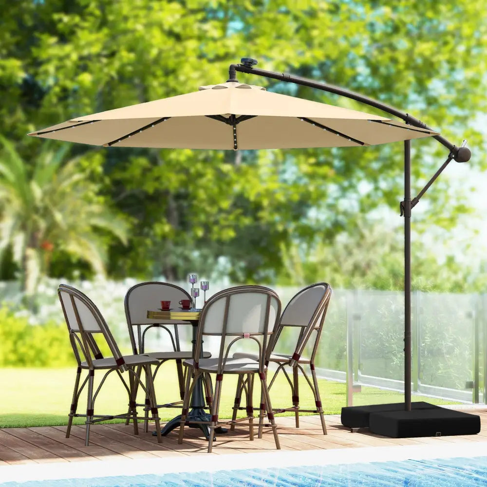 10 Feet Cantilever Umbrella with 32 LED Lights and Solar Panel Batteries-Beige - Beige - Outdoor Umbrellas
