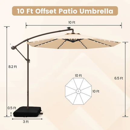 10 Feet Cantilever Umbrella with 32 LED Lights and Solar Panel Batteries-Beige - Beige - Outdoor Umbrellas