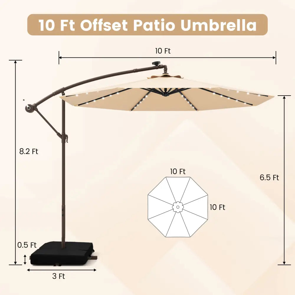 10 Feet Cantilever Umbrella with 32 LED Lights and Solar Panel Batteries-Beige - Beige - Outdoor Umbrellas