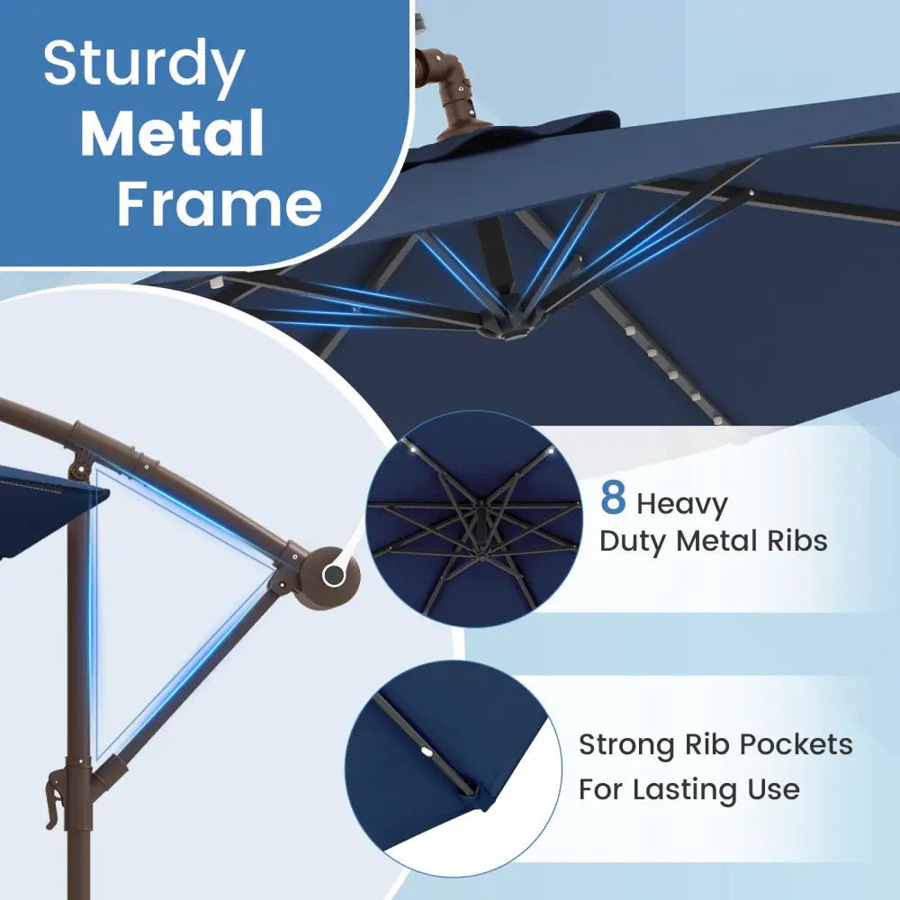 10 Feet Cantilever Umbrella with 32 LED Lights and Solar Panel Batteries-Navy - Navy - Outdoor Umbrellas