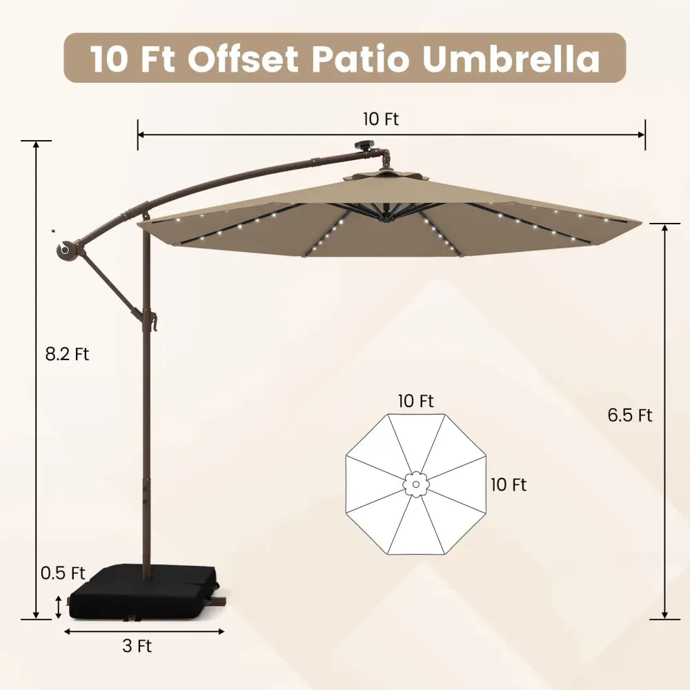 10 Feet Cantilever Umbrella with 32 LED Lights and Solar Panel Batteries-Tan - Tan - Outdoor Umbrellas