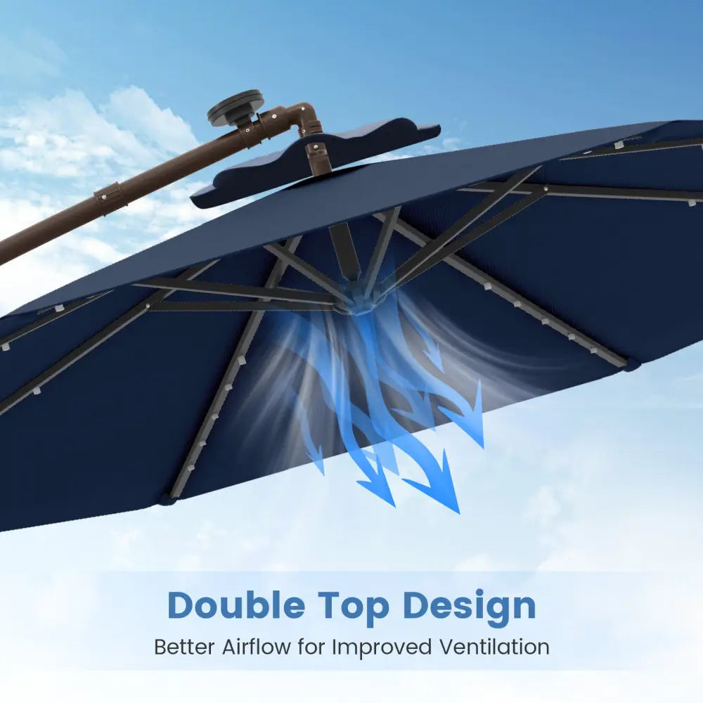 10 Feet Cantilever Umbrella with 32 LED Lights and Solar Panel Batteries-Navy - Navy - Outdoor Umbrellas