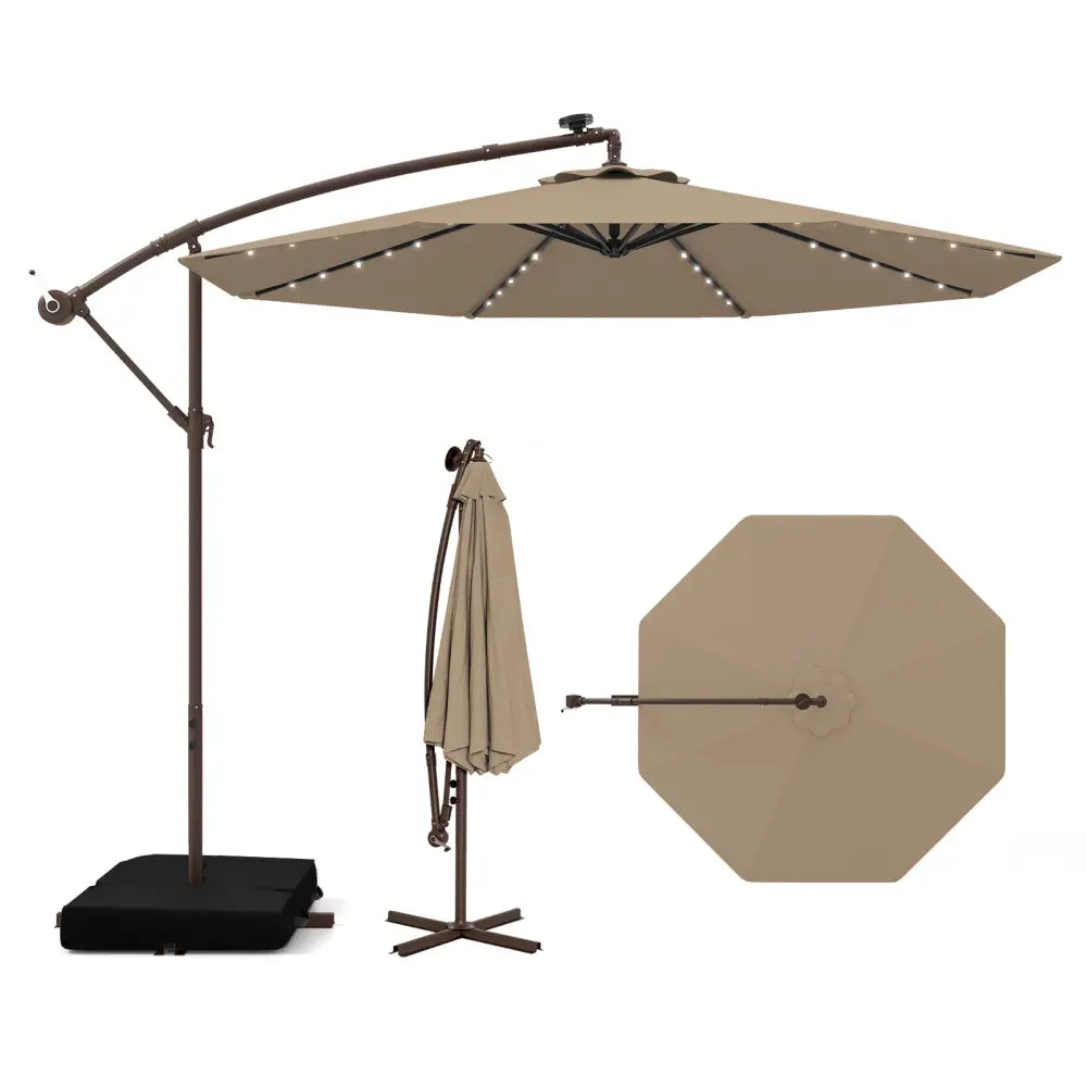 10 Feet Cantilever Umbrella with 32 LED Lights and Solar Panel Batteries-Tan - Tan - Outdoor Umbrellas