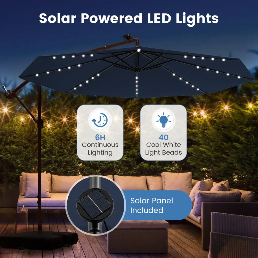 10 Feet Cantilever Umbrella with 32 LED Lights and Solar Panel Batteries-Navy - Navy - Outdoor Umbrellas