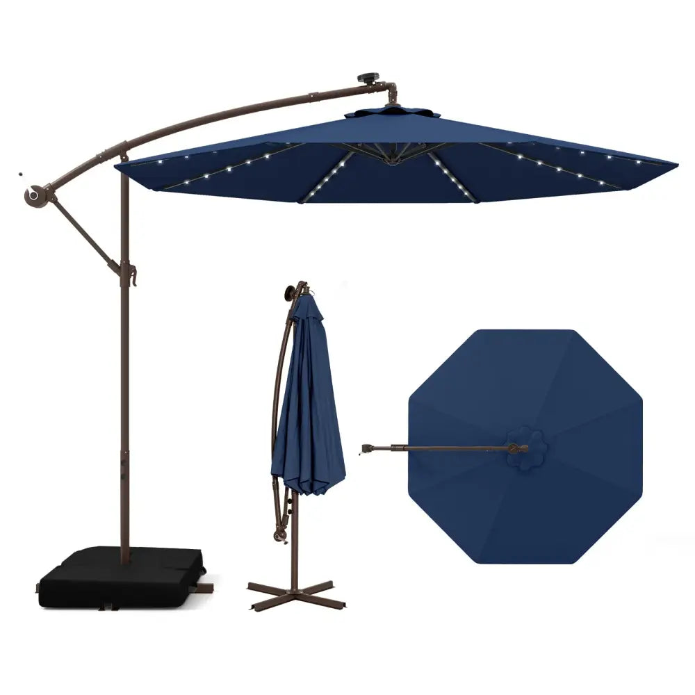 10 Feet Cantilever Umbrella with 32 LED Lights and Solar Panel Batteries-Navy - Navy - Outdoor Umbrellas