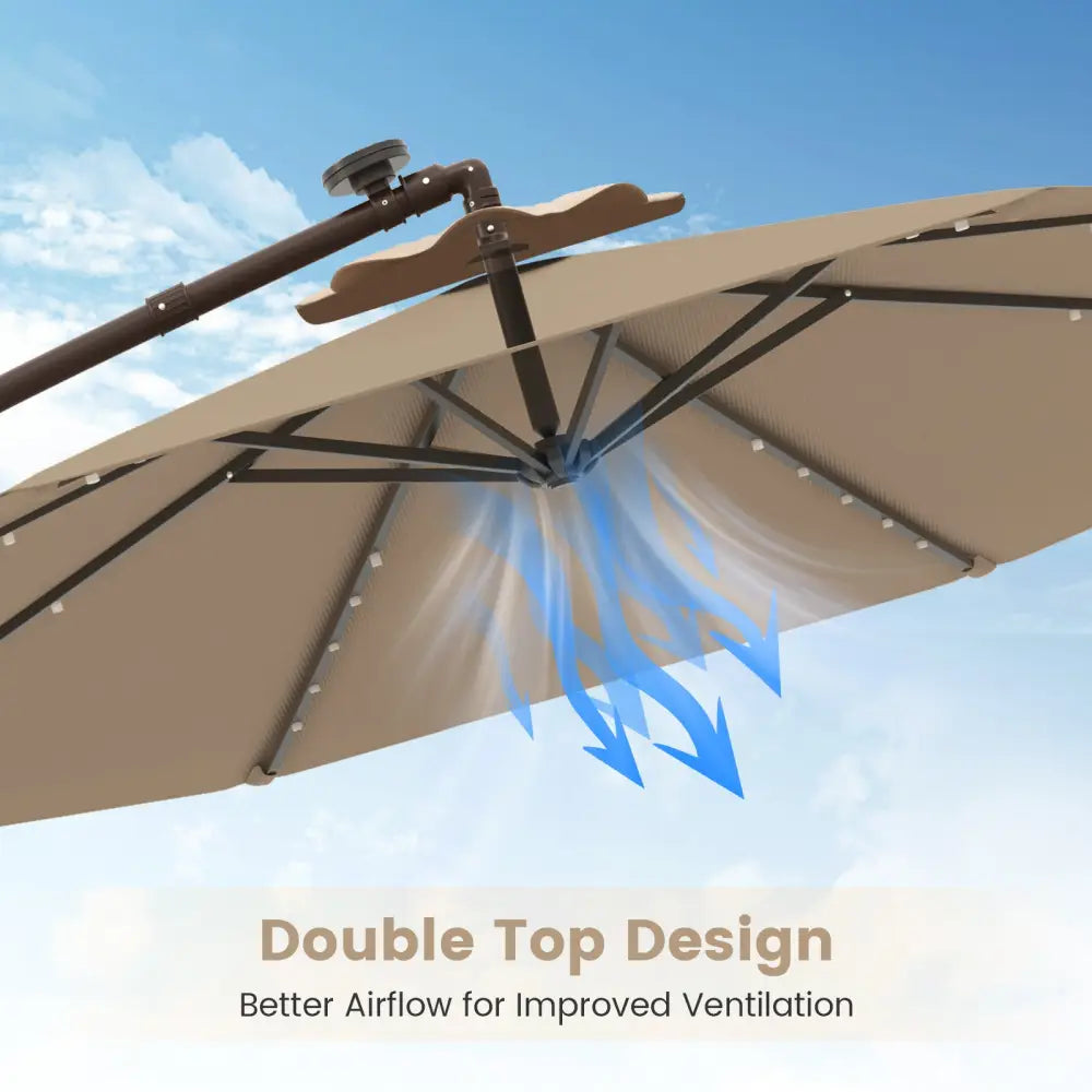 10 Feet Cantilever Umbrella with 32 LED Lights and Solar Panel Batteries-Tan - Tan - Outdoor Umbrellas