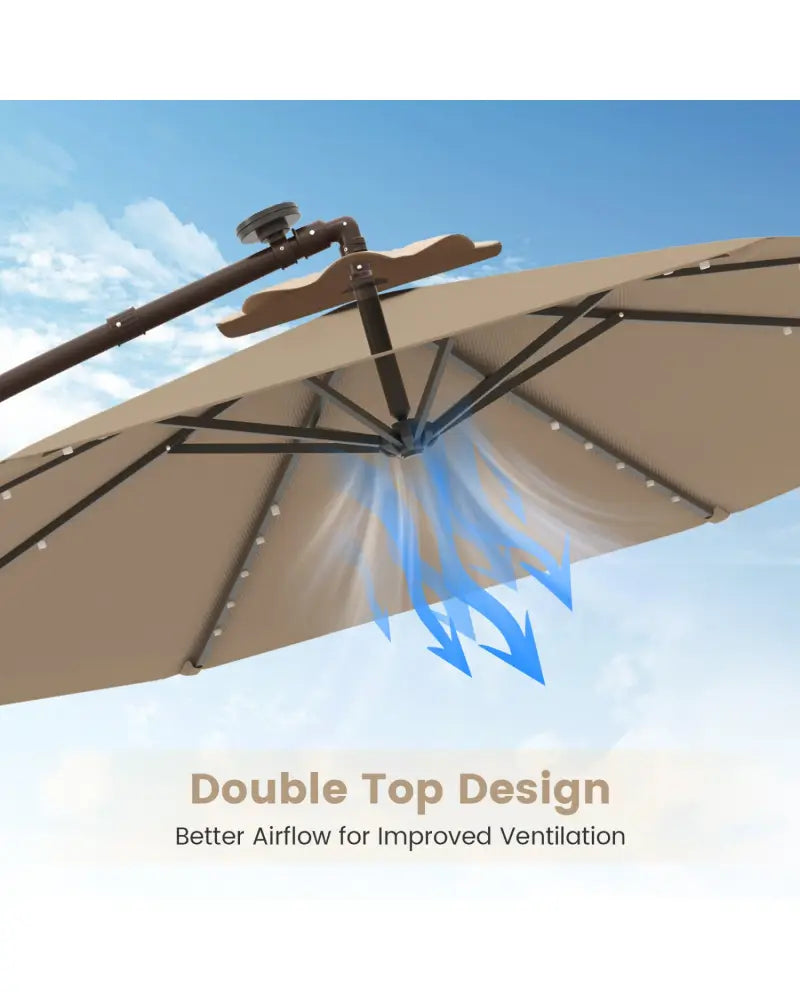 10 Feet Cantilever Umbrella with 32 LED Lights and Solar Panel Batteries-Tan - Tan - Outdoor Umbrellas