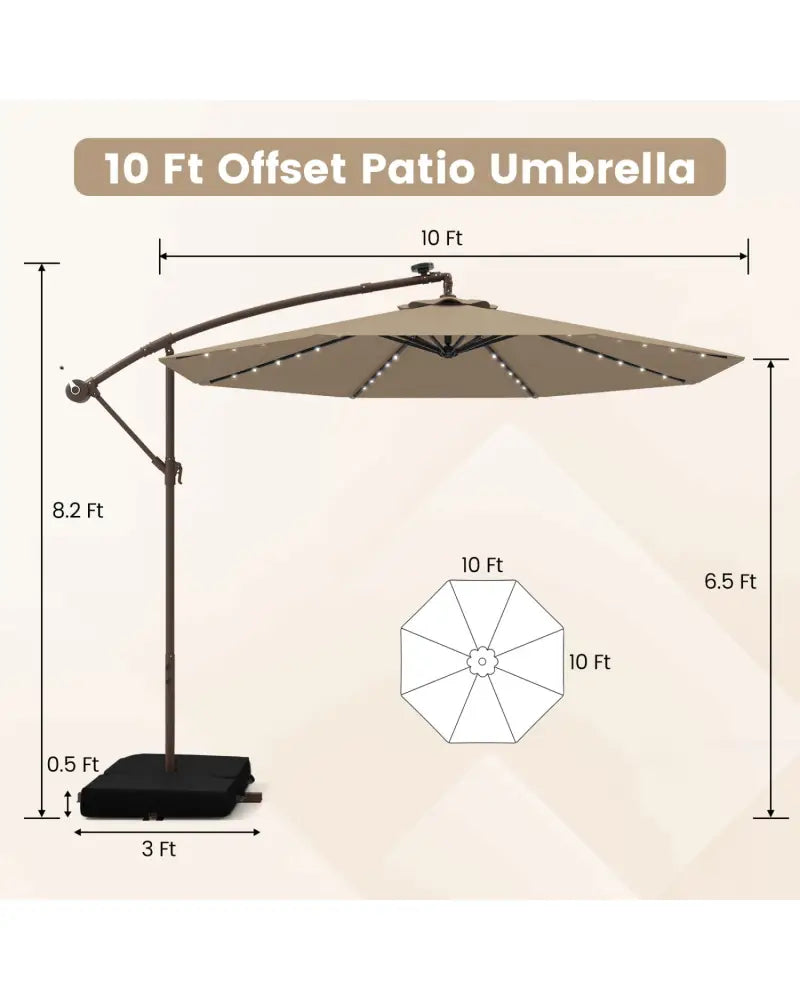 10 Feet Cantilever Umbrella with 32 LED Lights and Solar Panel Batteries-Tan - Tan - Outdoor Umbrellas