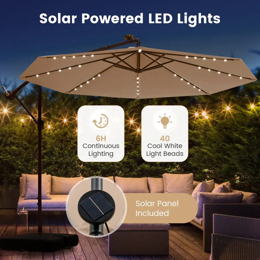 10 Feet Cantilever Umbrella with 32 LED Lights and Solar Panel Batteries-Beige - Beige - Outdoor Umbrellas