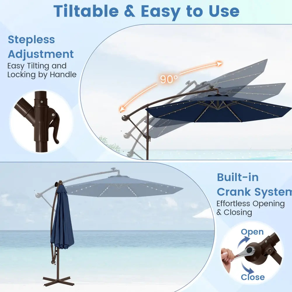 10 Feet Cantilever Umbrella with 32 LED Lights and Solar Panel Batteries-Navy - Navy - Outdoor Umbrellas