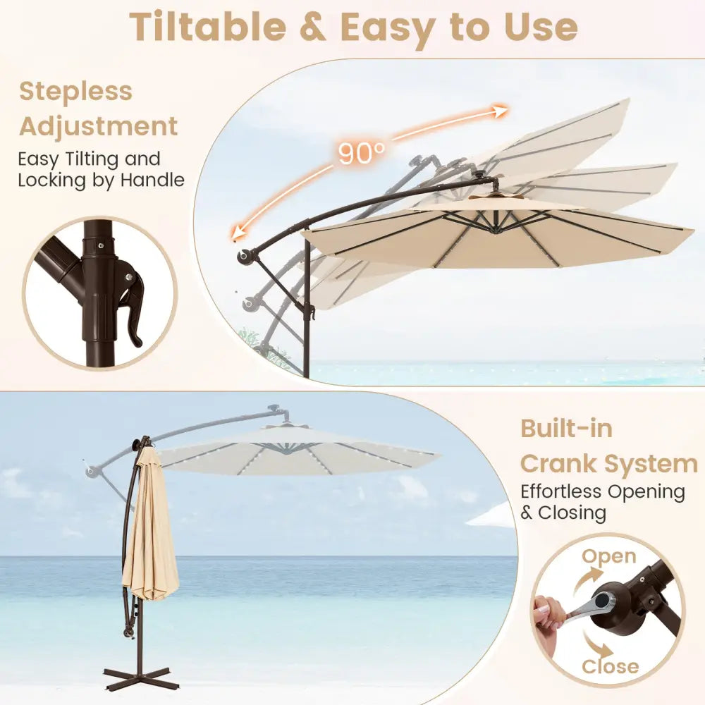 10 Feet Cantilever Umbrella with 32 LED Lights and Solar Panel Batteries-Beige - Beige - Outdoor Umbrellas