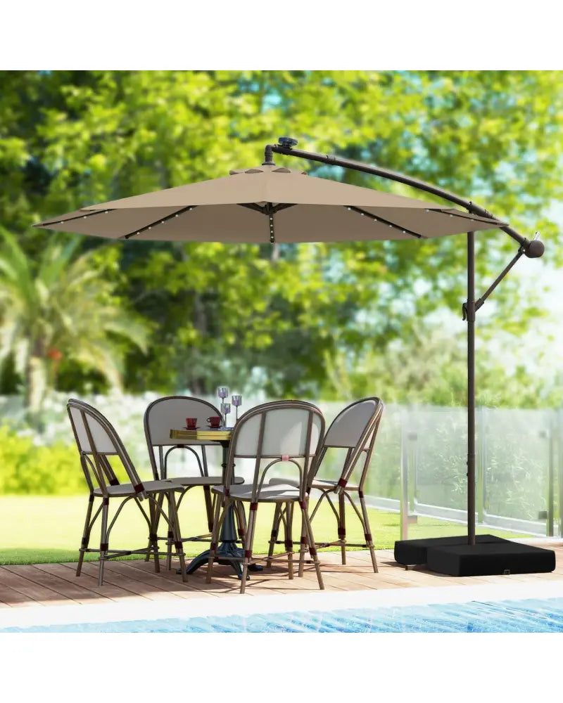 10 Feet Cantilever Umbrella with 32 LED Lights and Solar Panel Batteries-Tan - Tan - Outdoor Umbrellas