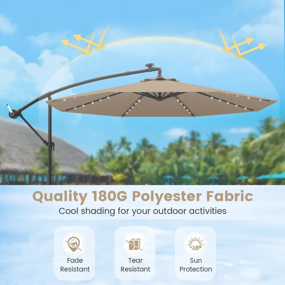 10 Feet Cantilever Umbrella with 32 LED Lights and Solar Panel Batteries-Tan - Tan - Outdoor Umbrellas