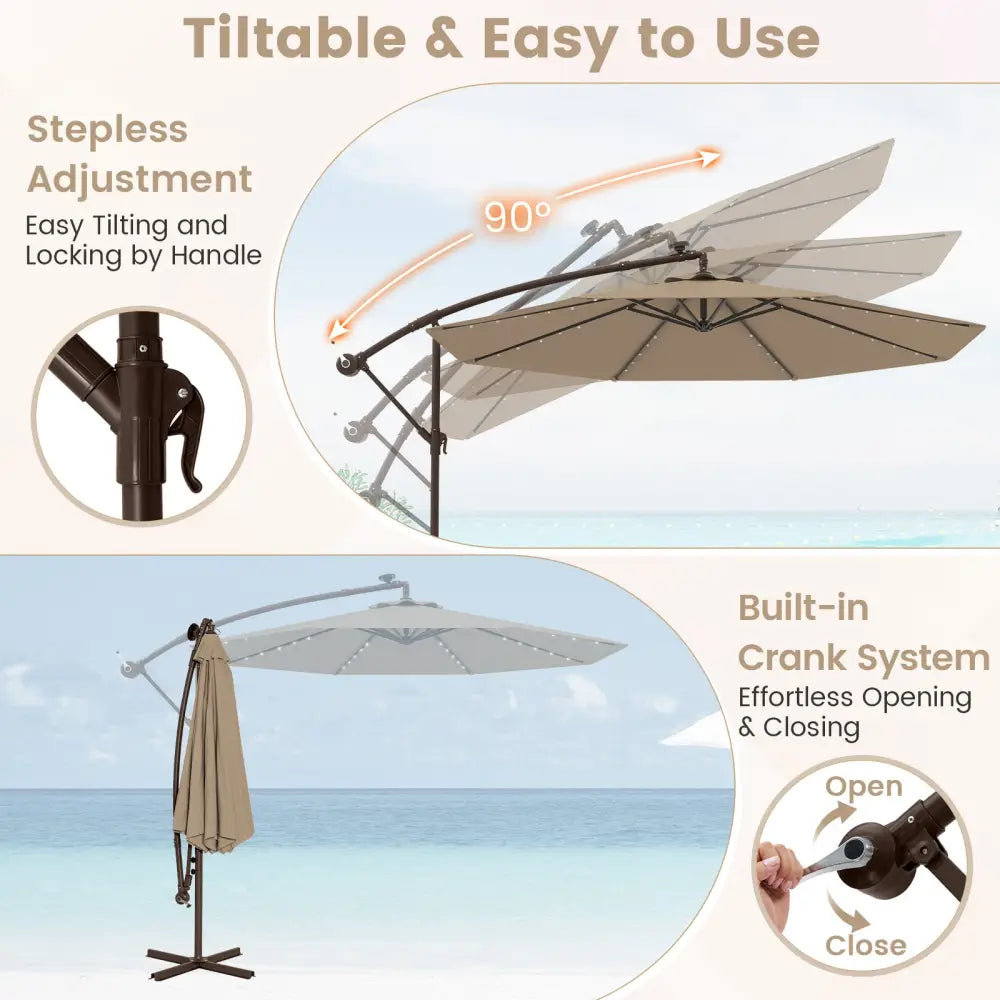 10 Feet Cantilever Umbrella with 32 LED Lights and Solar Panel Batteries-Tan - Tan - Outdoor Umbrellas