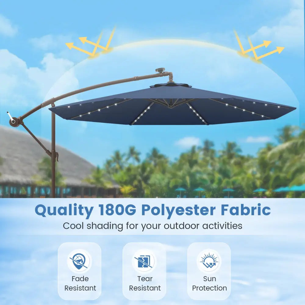 10 Feet Cantilever Umbrella with 32 LED Lights and Solar Panel Batteries-Navy - Navy - Outdoor Umbrellas