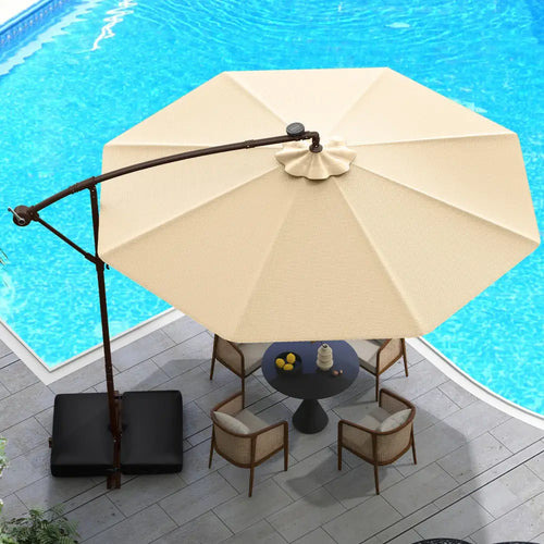 10 Feet Cantilever Umbrella with 32 LED Lights and Solar Panel Batteries-Beige - Beige - Outdoor Umbrellas