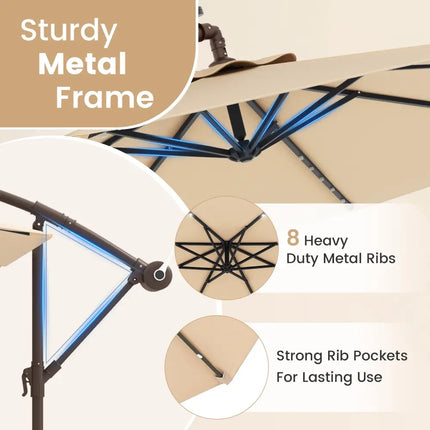 10 Feet Cantilever Umbrella with 32 LED Lights and Solar Panel Batteries-Beige - Beige - Outdoor Umbrellas