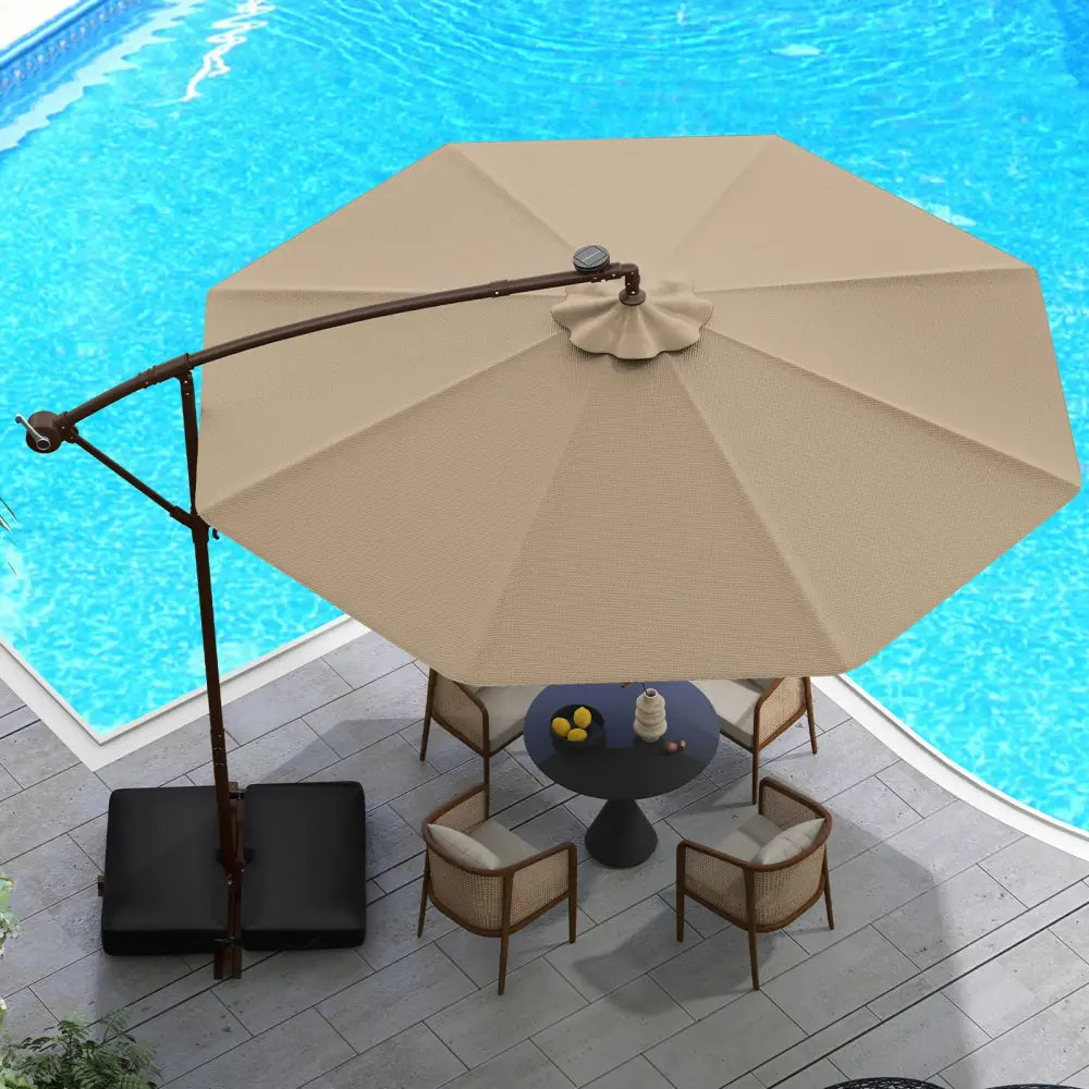 10 Feet Cantilever Umbrella with 32 LED Lights and Solar Panel Batteries-Tan - Tan - Outdoor Umbrellas