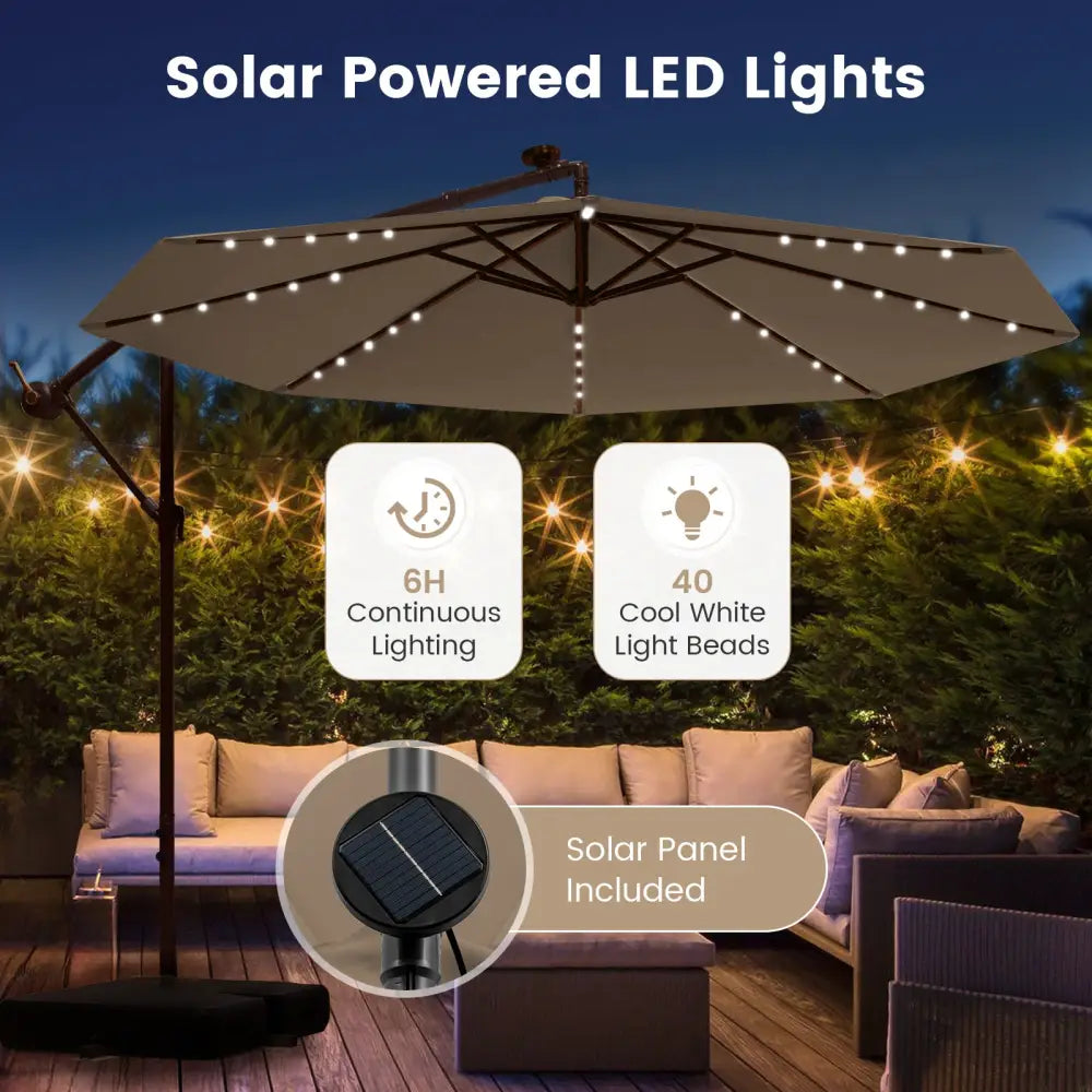 10 Feet Cantilever Umbrella with 32 LED Lights and Solar Panel Batteries-Tan - Tan - Outdoor Umbrellas