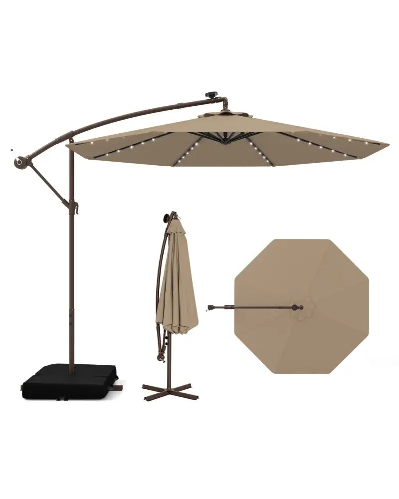 10 Feet Cantilever Umbrella with 32 LED Lights and Solar Panel Batteries-Tan - Tan - Outdoor Umbrellas