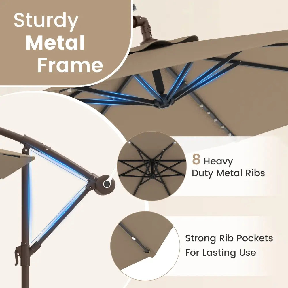 10 Feet Cantilever Umbrella with 32 LED Lights and Solar Panel Batteries-Tan - Tan - Outdoor Umbrellas