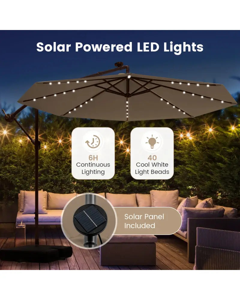 10 Feet Cantilever Umbrella with 32 LED Lights and Solar Panel Batteries-Tan - Tan - Outdoor Umbrellas