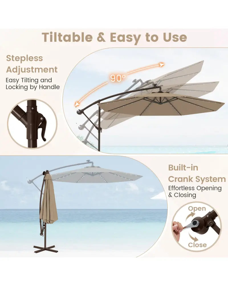 10 Feet Cantilever Umbrella with 32 LED Lights and Solar Panel Batteries-Tan - Tan - Outdoor Umbrellas