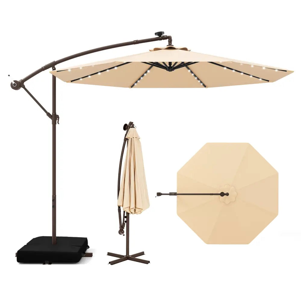 10 Feet Cantilever Umbrella with 32 LED Lights and Solar Panel Batteries-Beige - Beige - Outdoor Umbrellas