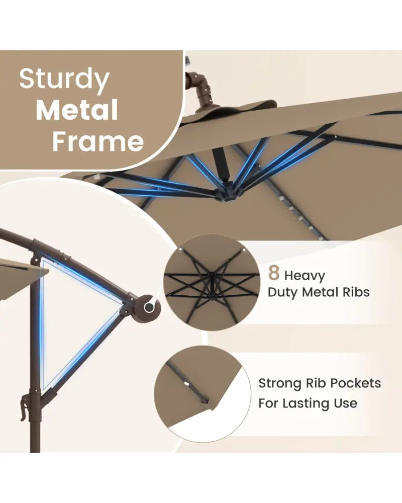10 Feet Cantilever Umbrella with 32 LED Lights and Solar Panel Batteries-Tan - Tan - Outdoor Umbrellas